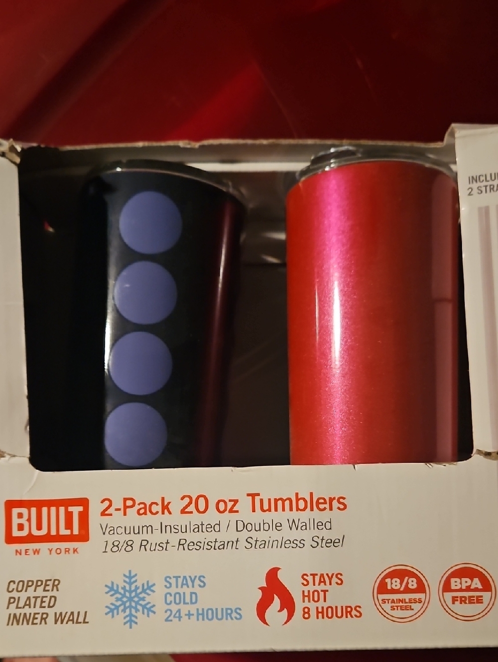 BUILT 2-Pack 20 oz Vacuum-Insulated Tumblers - Red & Black